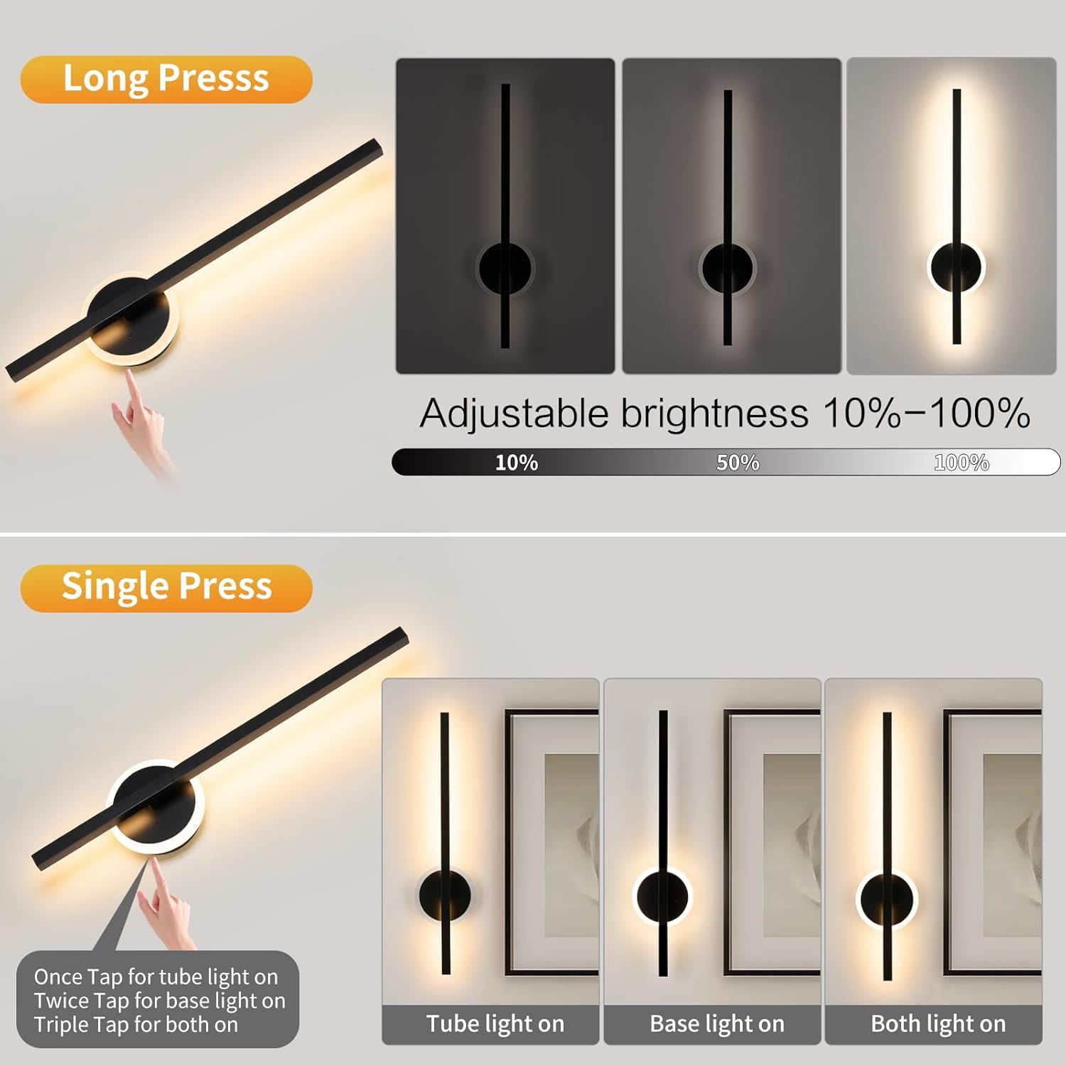 RGHJAR-Battery Operated Wall Sconces, RGB Wall Light with Remote and Touch Control, 24 Inch Dimmable Rechargeable LED Wall Lamps with 7 RGB Colors for Bedroom, Hallway, Livingroom, Black