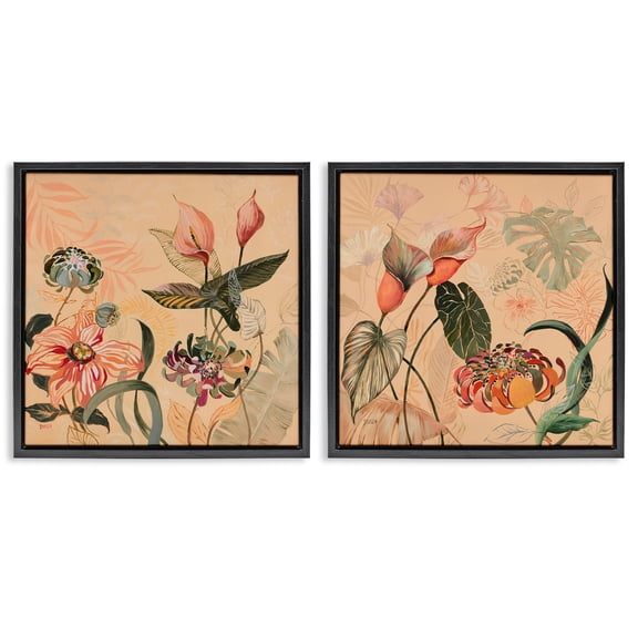 Stupell Industries Elegant Flower Organics Floral Painting Black Floater Framed Canvas Art Print Wall Art, 18 x 18, Set of 2