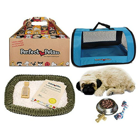 Perfect Petzzz Huggable Pug Puppy with Blue Tote For Plush Breathing Pet and Dog Food, Treats, and Chew