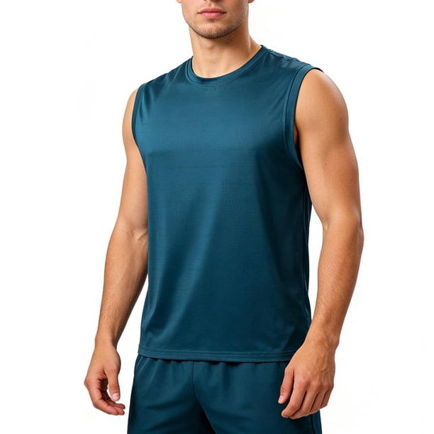 Camiseta de tirantes de cuello redondo para hombre, color liso, informal, holgada, deportiva, transpirable, de seda helada, corta, de poliéster.