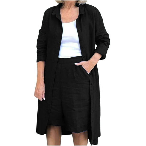 Conjunto de blusa y pantalones cortos de manga larga con cuello vuelto liso para mujer Wmkox8yi bvn4004