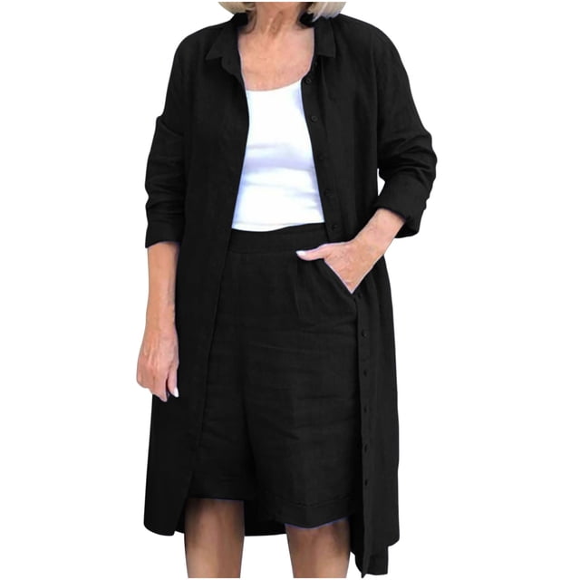 Conjunto de blusa y pantalones cortos de manga larga con cuello vuelto liso para mujer Wmkox8yi bvn4004
