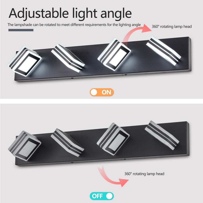 26" Modern 4 Light LED Vanity Light, Black Bathroom Light Fixture Over Mirror with Square Acrylic Shades, Wall Mounted Bathroom Lighting for Makeup, Bedroom, Powder Room