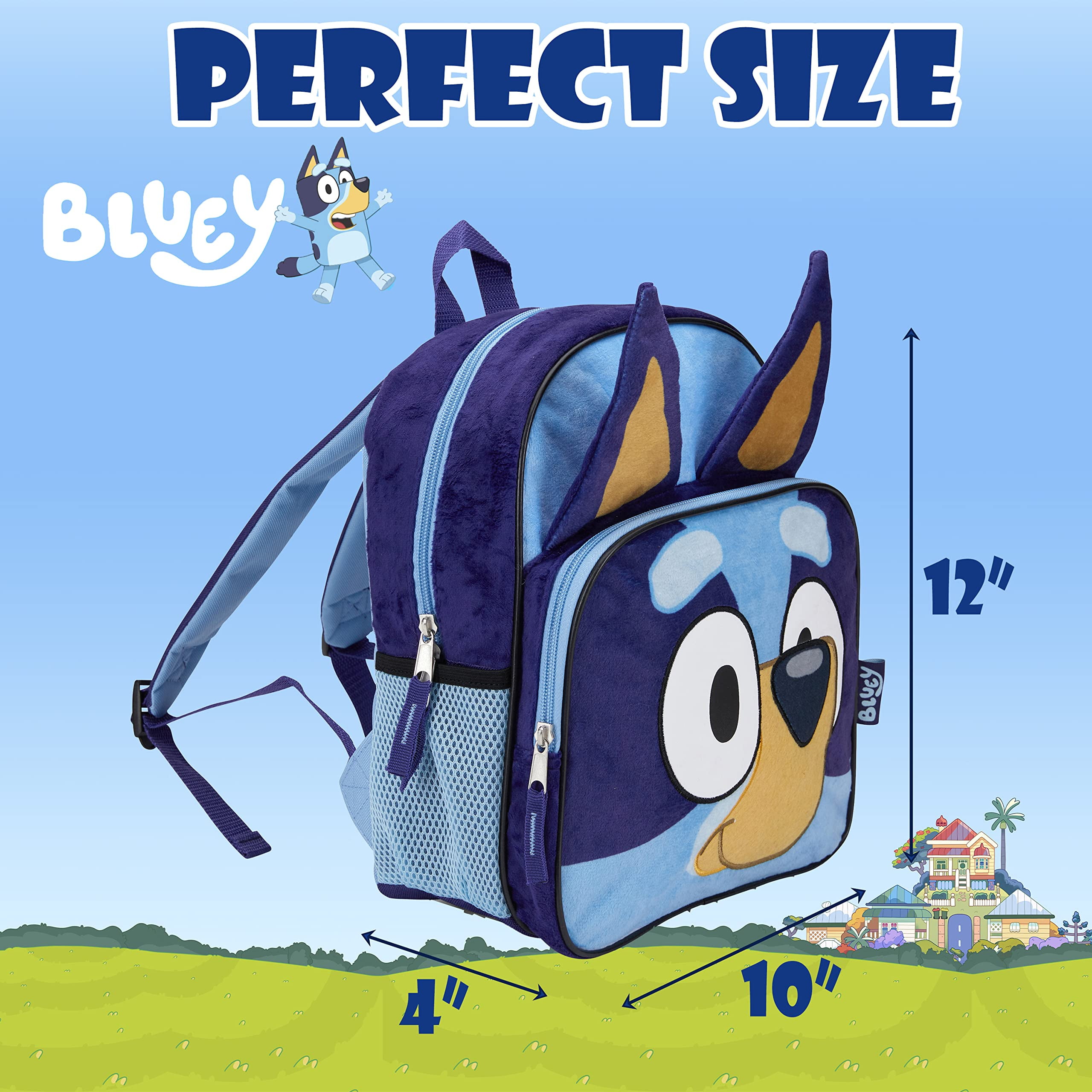 BLUEY Backpack for Girls & Boys for Kindergarten & Elementary School, 12 Inch, Plush with 3D Ears & Appliques, Adjustable Straps & Padded Back,