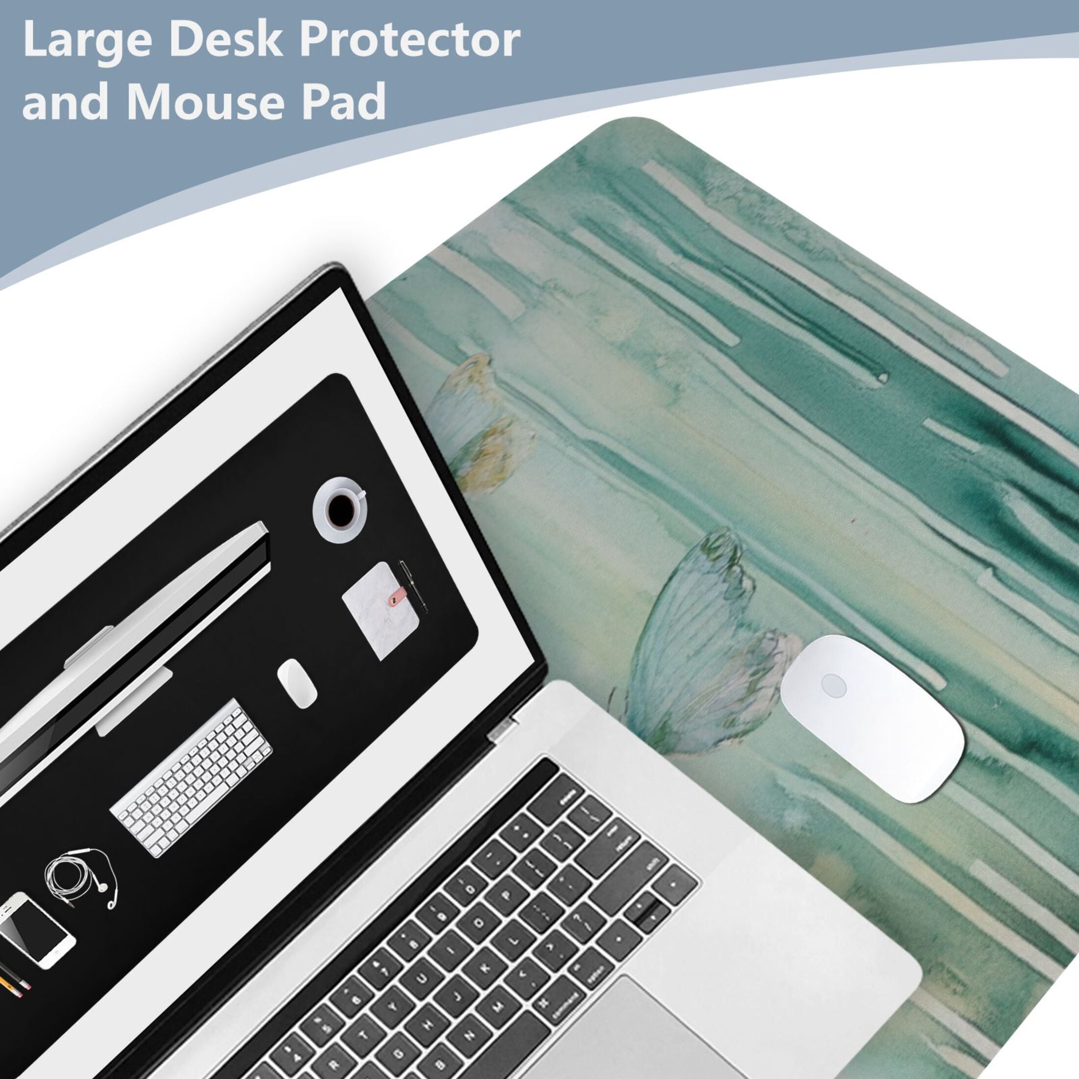 Wobogo Light Green Butterfly Gaming Mouse Pad Non-slip Leather Desk Mat Water Resist Keyboard Pad for Gamer Office 23.6×47.2in