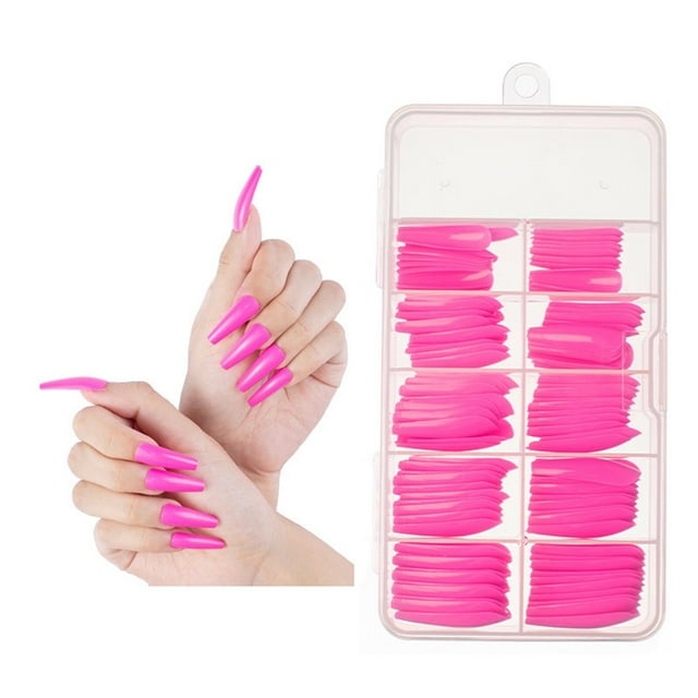 HLONK Ongles Longs en Forme de Cercueil Colorés Faux Ongles Acryliques Couverture Complète Designs Manucure ABS Rouge