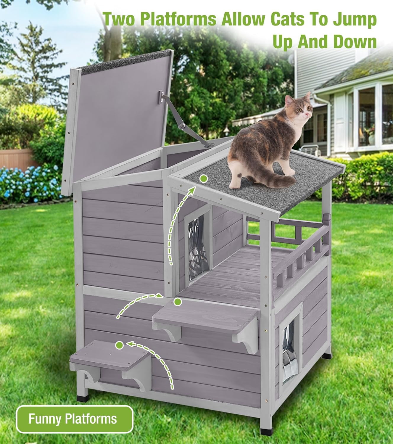 Aivituvin Outdoor Cat House Weatherproof, Feral Kitty House Cats Enclosure with Balcony, Wooden Kitty Shelter Waterproof