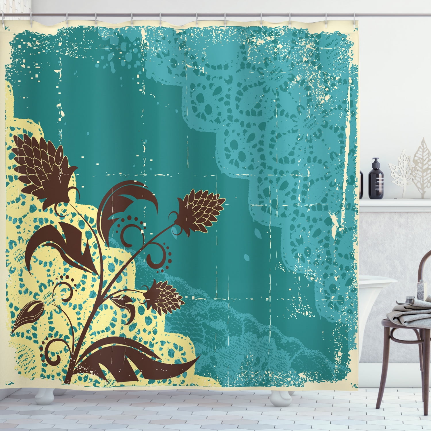 Ambesonne Vintage Shower Curtain, Flower on Lacework Aged, 69"Wx75"L