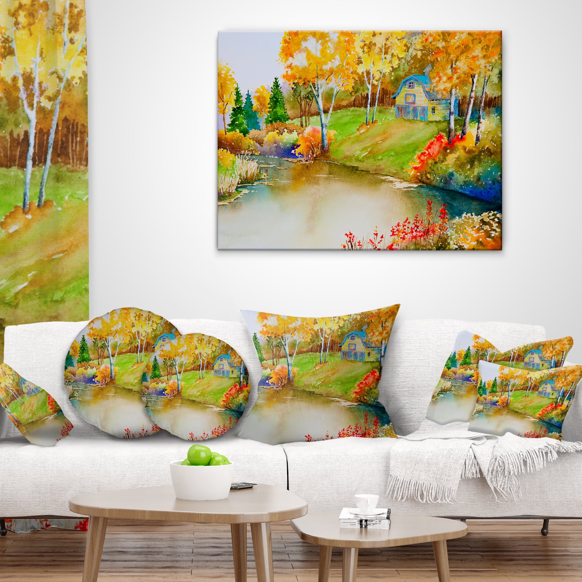 Designart House and Quiet Pond in Fall - Landscape Printed Throw Pillow - 16x16