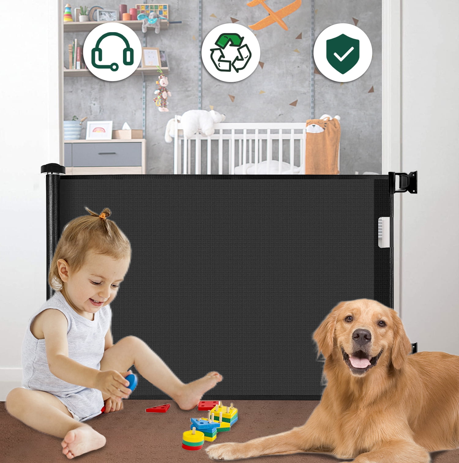 Howarmer Retractable Baby Gate, Extra Wide Baby Safety Gate,Doorways Safe Gates for Baby and Pet 33' X 55',Child Safety Baby Gates for Stairs, Doorways, Hallways, Black
