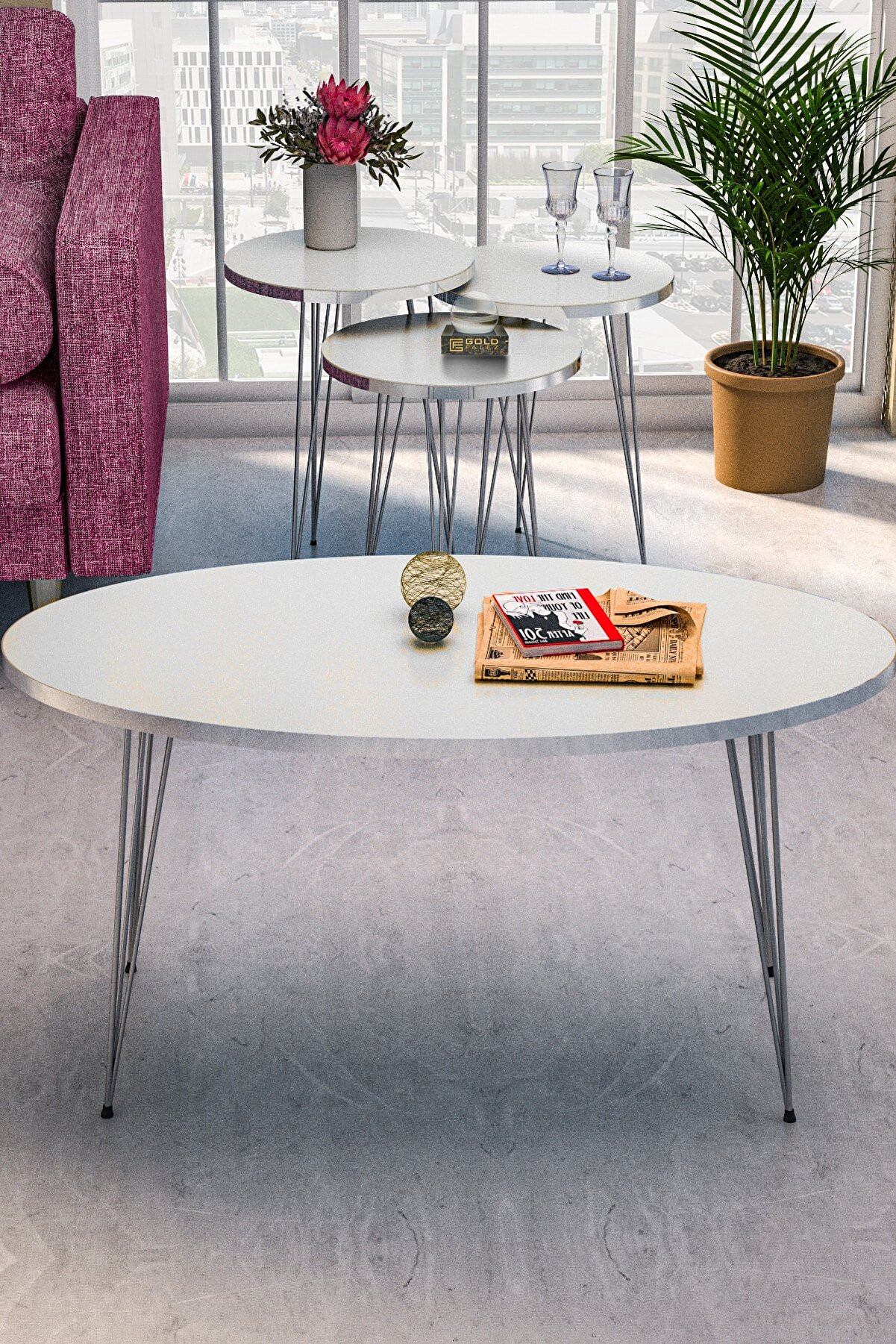 White Oval Coffee Table Set with 4 PCS,Set With 3 Modern Round Nesting ...