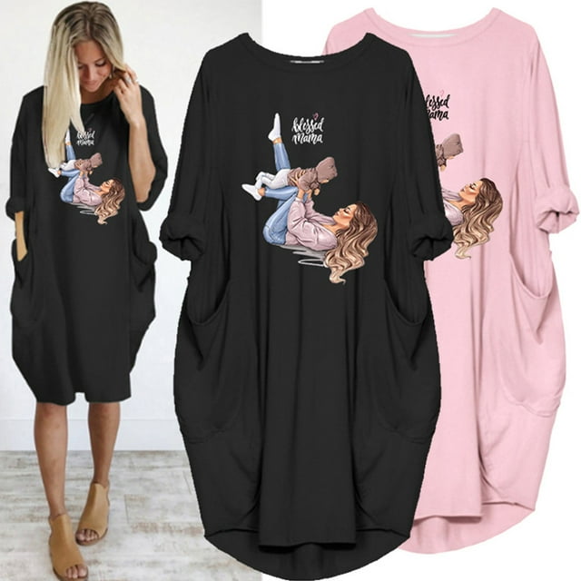 REDHOTYPE Robe Ample Grande Taille Mi-Longue pour Femmes Manches Longues Col Rond Imprimé Dessin Animé avec Poches Vêtements de Maison Décontractés Rétro
