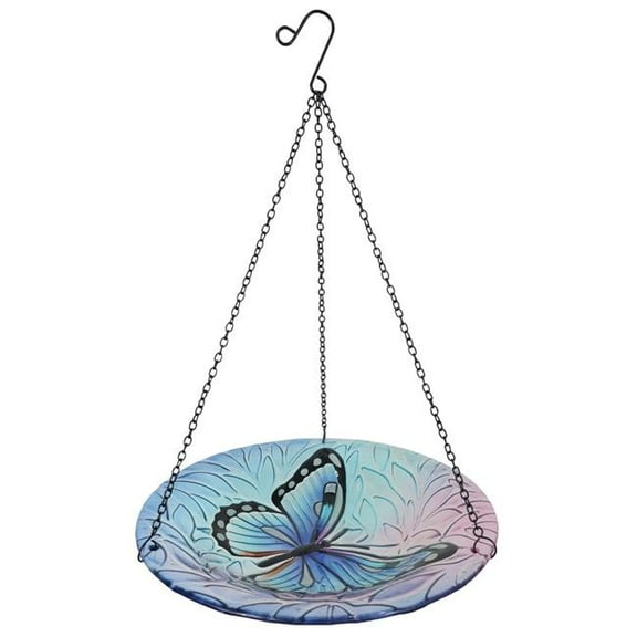 Continental Art Center 11775 12' Hanging Glass Bird Bath and Feeder with Blue and Pink Butterfly Design