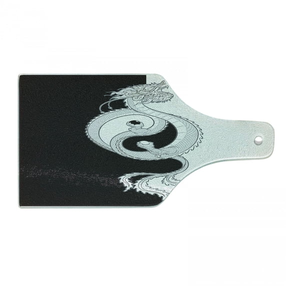 Kung Fu Cutting Board, Oriental Themed Swirling Dragon with Yin Yang, Decorative Tempered Glass Cutting and Serving Board, in 3 Sizes, by Ambesonne