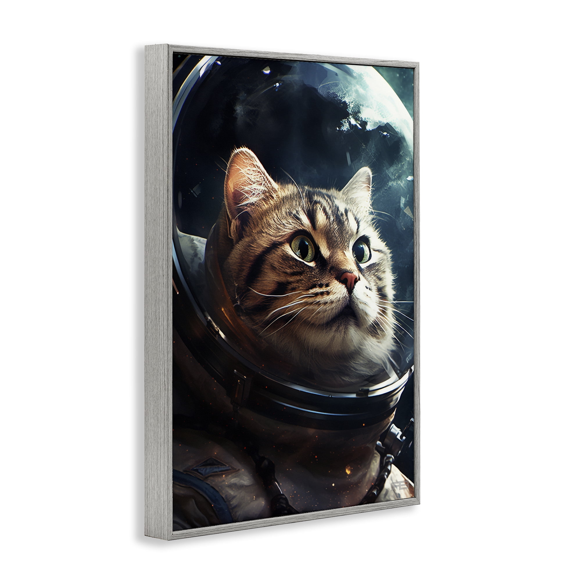 Stupell Industries Amazed Astronaut Cat Animals & Insects Painting Gray Framed Art Print Wall Art, 12 x 18