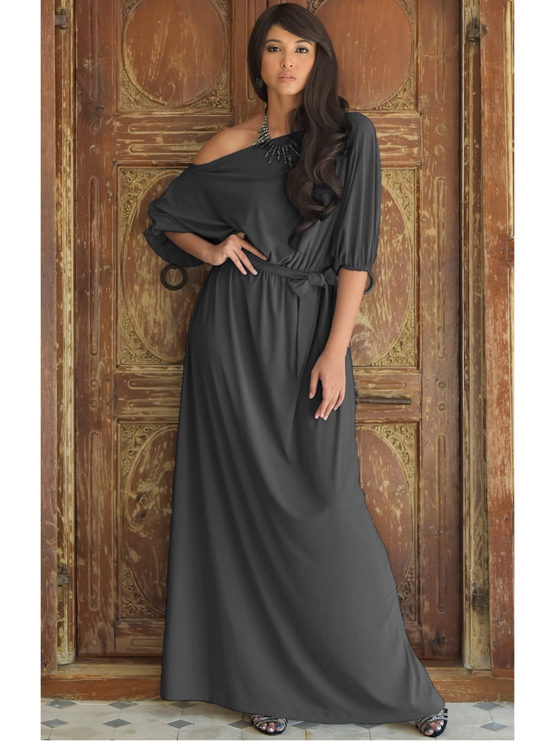 casual tall maxi dresses KOH KOH Long One Off Shoulder Flowy Casual 3/4 Short Sleeve Full Floor  Length Cocktail Evening Wedding Party Guest Sexy Tall Maxi Dress Gown For  Women Dark Gray Grey X-Large US 14-16