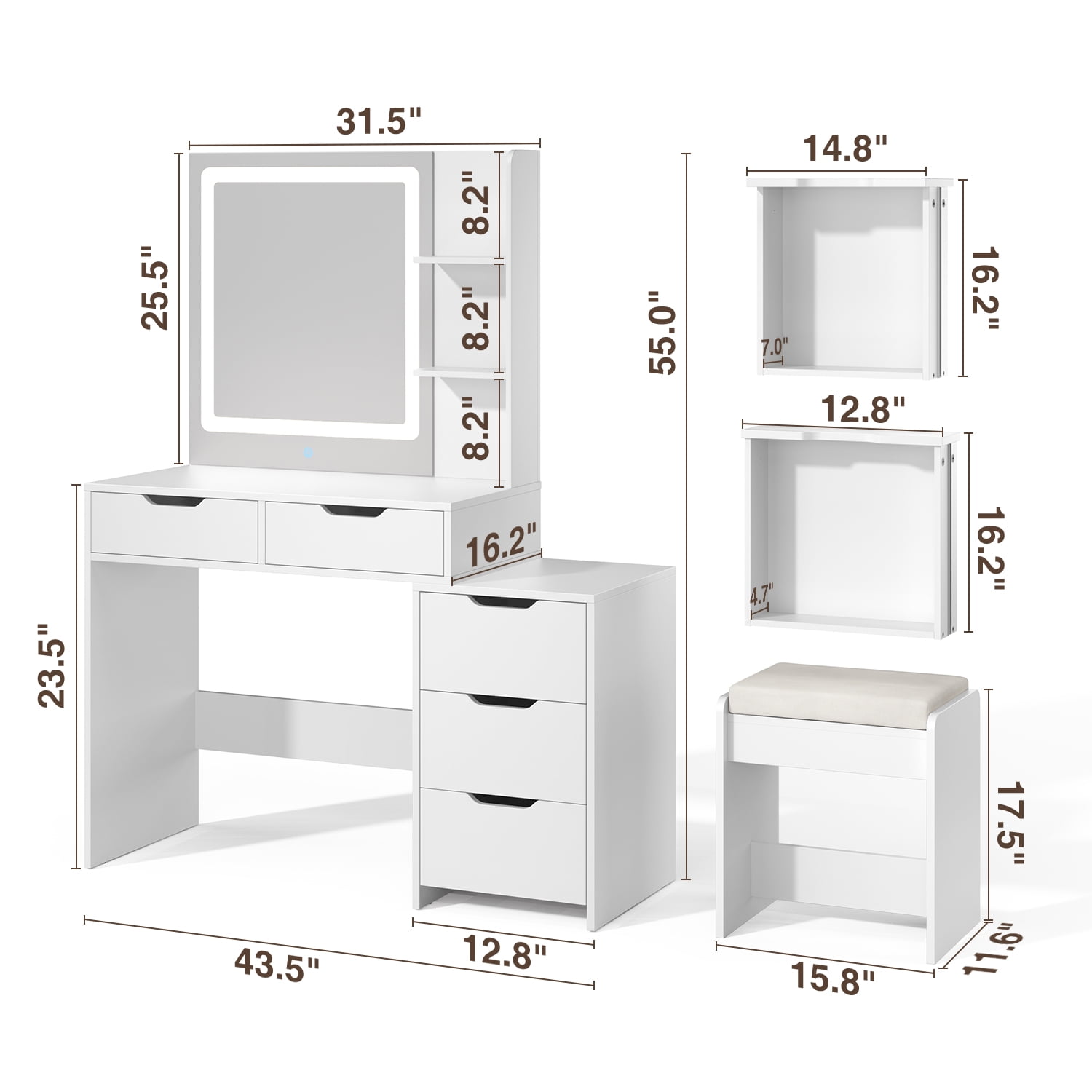 Aiho 43.5” Makeup Vanity Desk with Lighted Mirror, 5 Drawers & Adjustable Lights, White Dressing Table for Bedroom