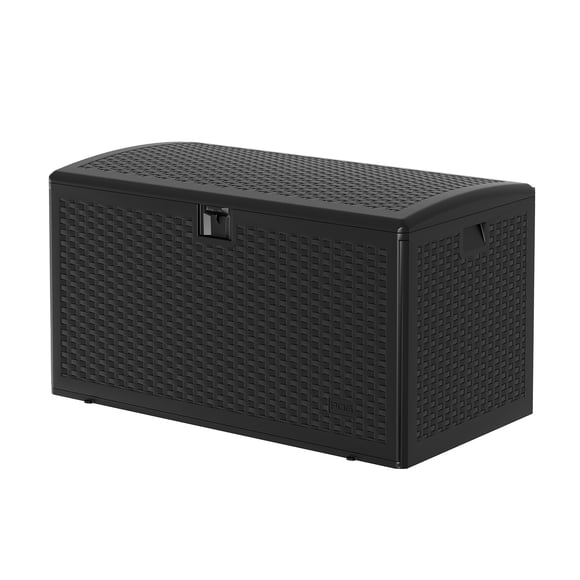 Caja de almacenamiento exterior 120 galones, baúl de resina impermeable con tapa de pistón de gas y cierre de seguridad, resistente y segura, perfecta para cojines, herramientas y juguetes,color negro