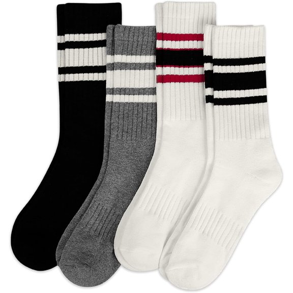 CoCoMangos Striped Crew Socks for Women, Cotton Retro Novelty Tube Socks Athletic Casual Fun Sock 4 Pairs, Size 5-10