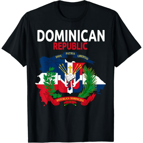 Coat of Arms Republica Dominicana & Dominican Flag Outfit T-ShirtMen and women, Black T-shirt, size: Extra large