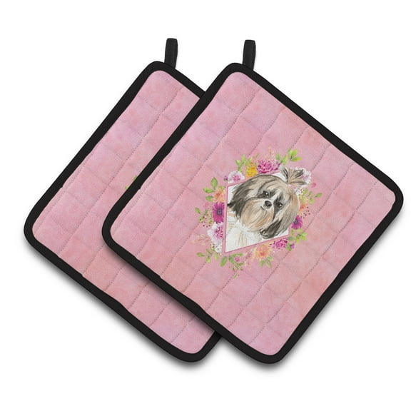 Shih Tzu Pink Flowers Pair of Pot Holders