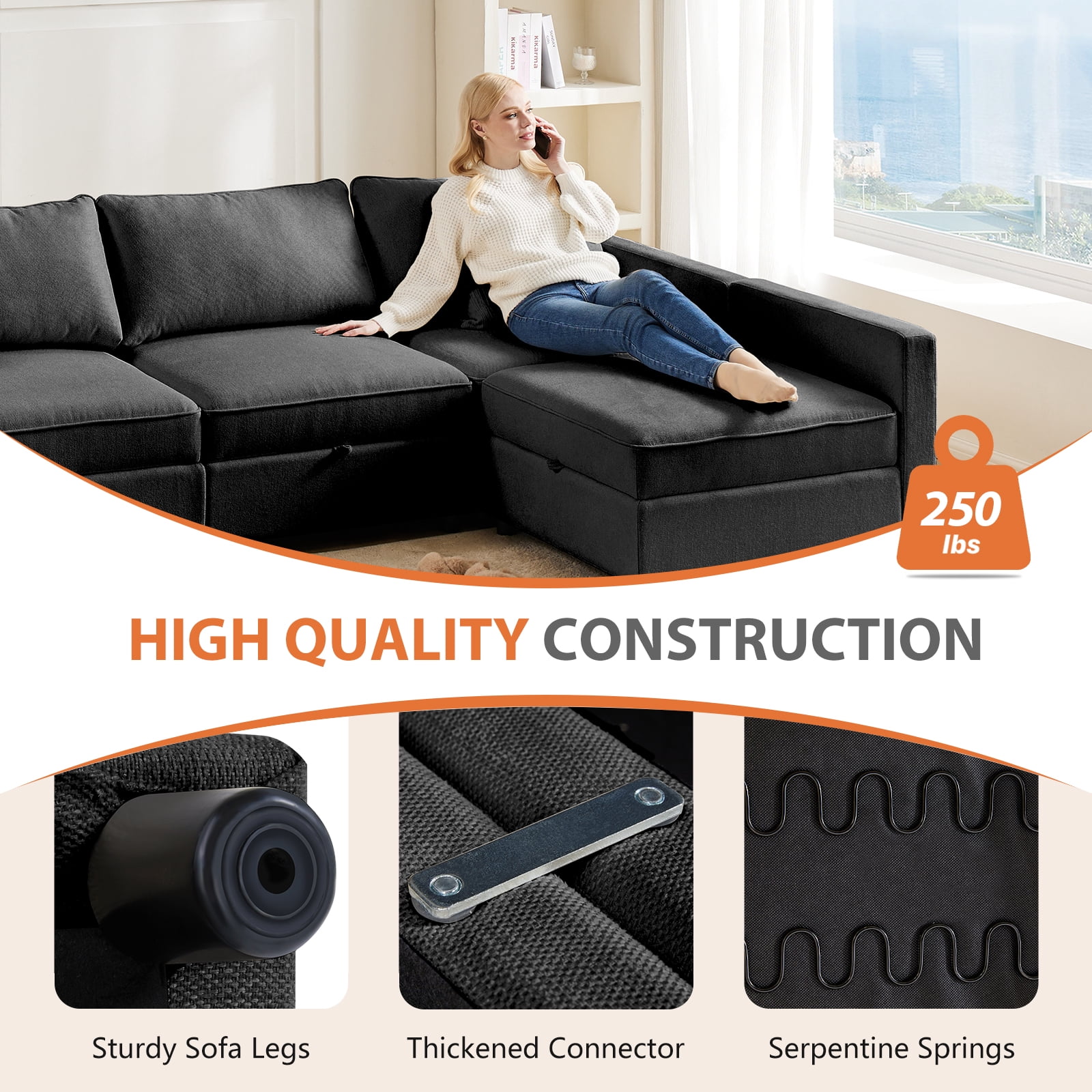 Gianna 6-Seat Modular Sectional Sofa: L-Shaped Design with Luxurious Comfort and Hidden Storage for Your Living Room
