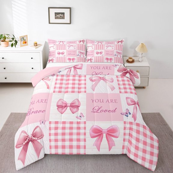 Erosebridal Cute Bowknot Bedding Twin Comforter Set,Patchwork Buffalo Down Comforter,Ribbon Bowtie Butterfly Bedding Sets Twin with Comforter For Princess,Microfiber Bedroom Decor Reversible,2-Piece
