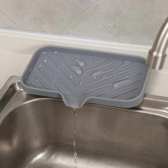 Gray Silicone Sink Mat with Splash Guard & Soap Tray – Non-Slip Water-Drain Mat for Kitchen, Bathroom & Laundry, 9.45 x 5.9 Inch