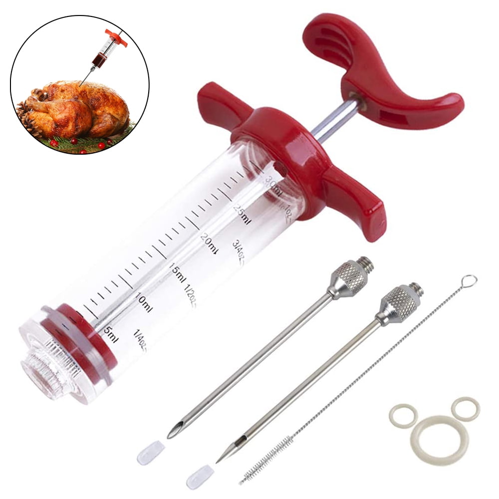 Stainless Steel Meat Injector Syringe For BBQ - Includes 3 Needles, Thermometer & Brush | Tusitano Set