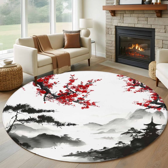Round Rug 6Ft Washable Non-Slip, Chinese Mountain Circle Area Rugs for Living Room Bedroom, Landscape Painting Red Plum Flowers Indoor Floor Mats Carpet Runner for Home Decor Aesthetic