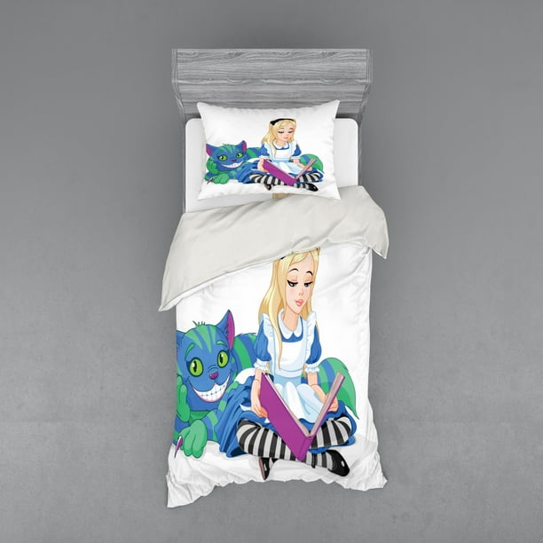 Alice In Wonderland Duvet Cover Set Alice Reading Book Cat Colorful World Happiness Love Character Image Bedding Set With Shams And Fitted Sheet 3 Sizes By Ambesonne Walmart Com Walmart Com