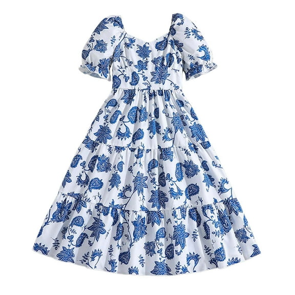 TAIAOJING Toddler Girl Dress Kids Girls Puff Sleeves Solid Color Dress Princess Dress Clothes Outfits Beach Sundress 4-5 Years