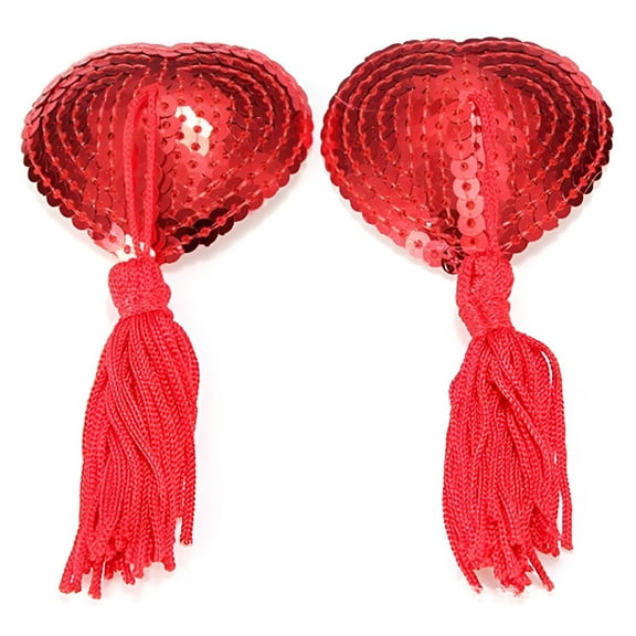 TELOLY 1 Pair Nipple Cover - Heart Shaped Reusable Pasties With Sequins Tassel For Women, Nylon And Spandex Fabric