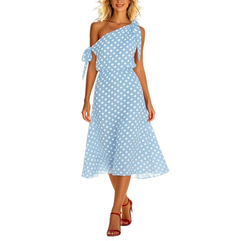 blue polka dot chiffon dress Blue Chiffon Maxi Dress - Polka Dot Pattern with Fitted Waist 5026