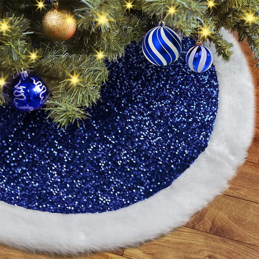 NOGIS Christmas Tree Skirt 48 inch Shiny Blue Sequin Sparkly with Faux ...