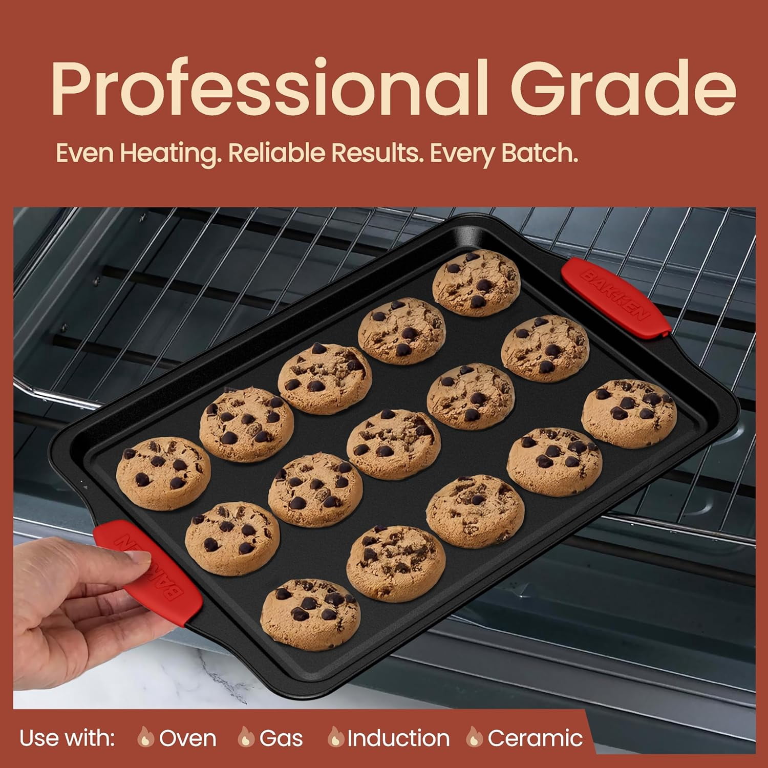 Bakken- Swiss Baking Set – 10 Piece Kitchen Oven Bakeware Set – Deluxe Non-Stick Blue Coating Inside and Outside – Carbon Steel – Red Silicone Handles