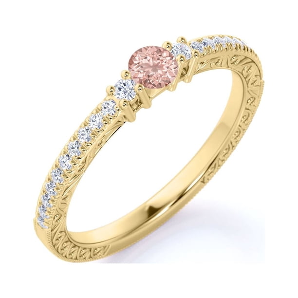 JeenMata Anillo de Compromiso Sencillo de 0,75 Uds, Morganita Rosa Redonda Creada, de Inspiración Vintage, Piedra Natal de Octubre, Delicado, Oro Amarillo de 18 K sobre Plata