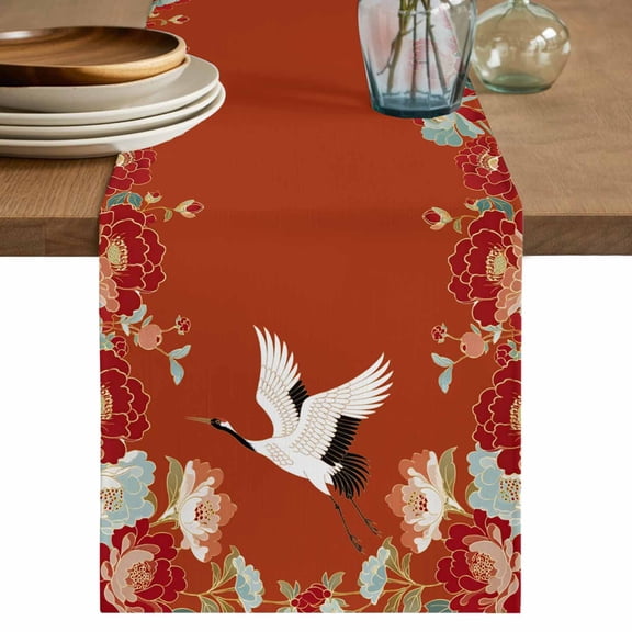 Table Runner 70 Inches Long for Kitchen Dining, Red Crane Dresser Scarf Farmhouse, Dining Table Decorations for Wedding/Parties, Vintage Red Teal Spring Floral Botanical 13 x 70 In