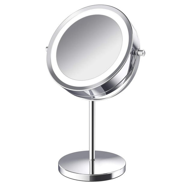 Espejo de maquillaje con aumento y luz LED de doble cara, 5 aumentos, rotación de 360 grados, recargable y regulable.