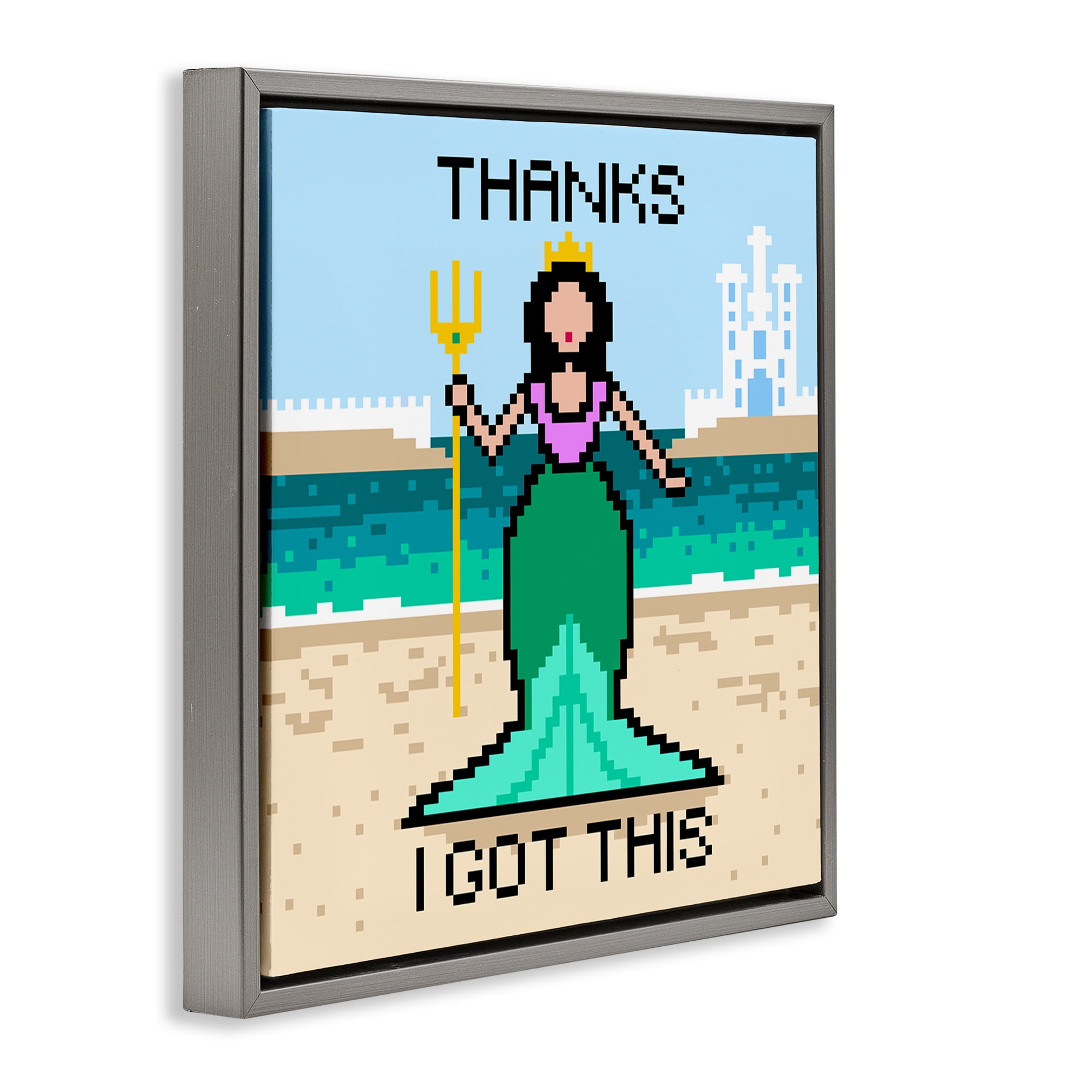 Stupell Industries I Got This Pixel Mermaid People Painting Gray Floater Framed Canvas Art Print Wall Art, 25 x 25