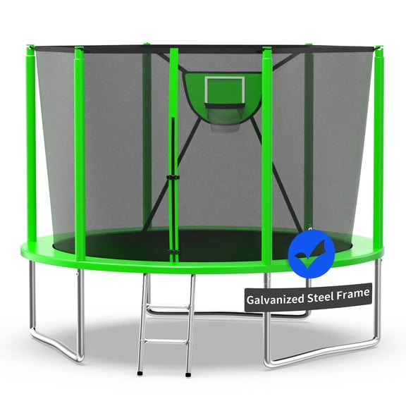 Kacho Trampoline 10FT, 1000LBS Trampoline for 1-2 Kids, Outdoor Trampoline with Safety Enclosure Net, Basketball Hoop, Ball, No Gap Design Backyard Trampoline, Round Recreational Trampoline, Green