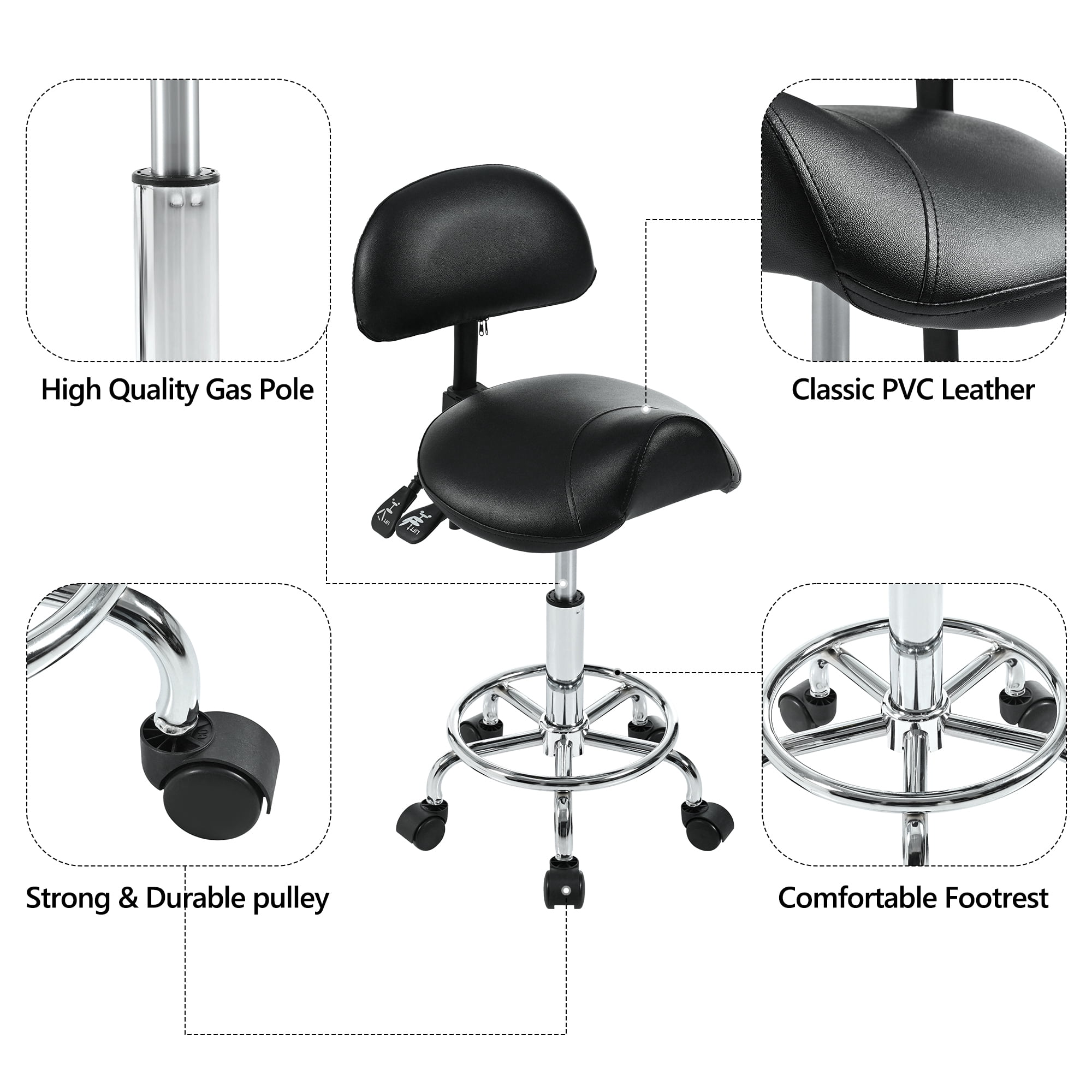 Leumius Saddle Stool with Back Support,Swivel Rolling Stools with Foot Rest,Ergonomic Adjustable Stool with Wheels,Backrest Adjustable Height & Angle for Salon Spa Tattoo Massage, Black