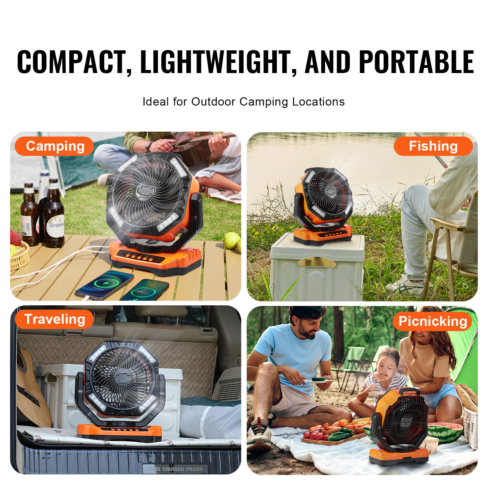 SKYSHALO 13 inch Camping Tent Fan, 2000mAh Portable Fan with Hook for Tents, Rechargeable Auto Oscillating with LED Lantern 4 Speeds Adjustable, Swivel Timer