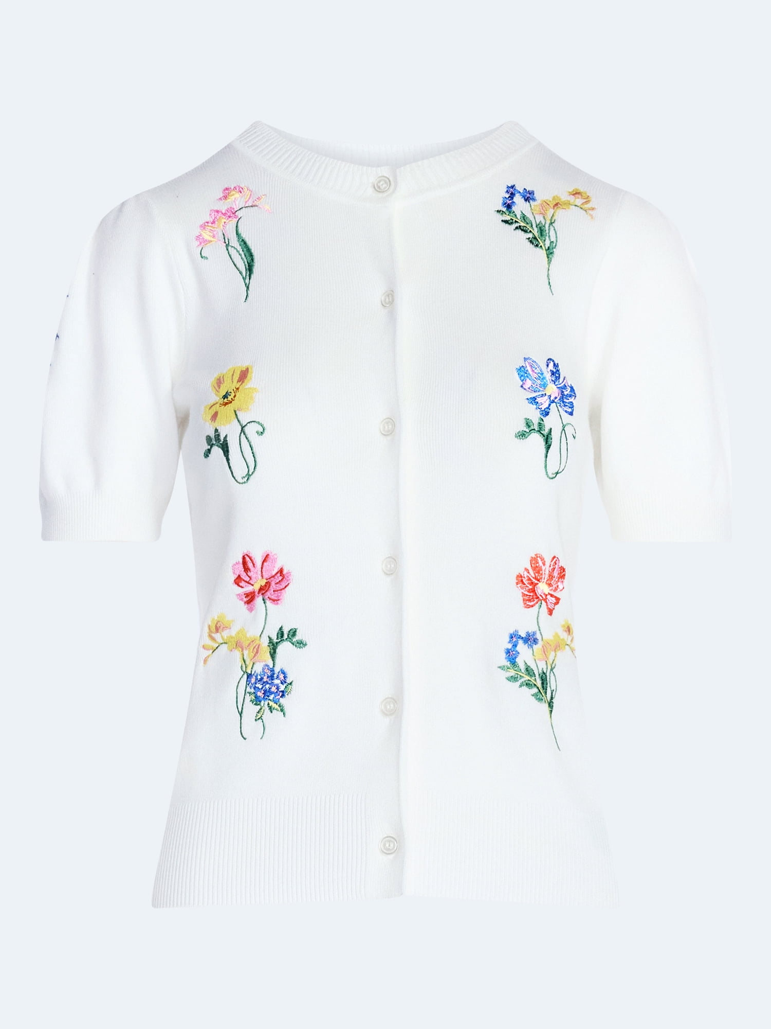 Free Assembly Women's and Women's Plus Embroidered Cardigan Sweater with Puff Sleeves, Lightweight, Sizes XS-4X