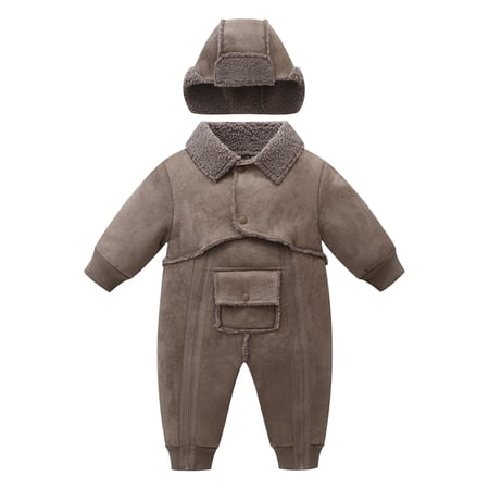 Toddler Cotton Oneise Lapel Long Sleeve Button Down Romper Comfy Jumpsuits Outwear With Warm Hat 6-24 Months (6 Months Coffee)