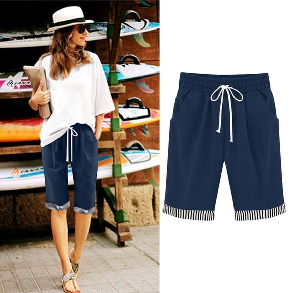 Women's Bermuda Shorts Cotton Linen Knee Length Casual Lightweight Summer Beach Vacation Drawstring Waist Shorts with Pockets Navy M