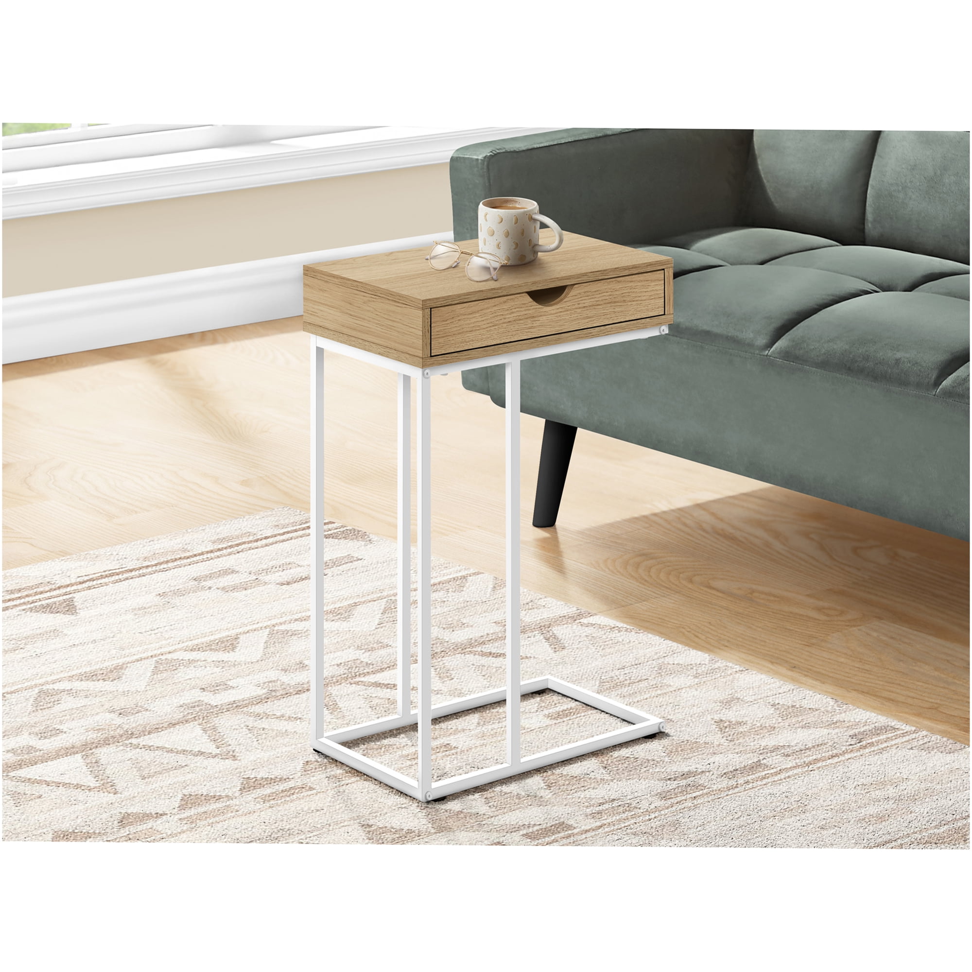 JERFIT Modern C-Shaped Sofa Side Table with Drawer Natural Wood Laminate Top & White Metal Frame End Table for Living Room Bedroom