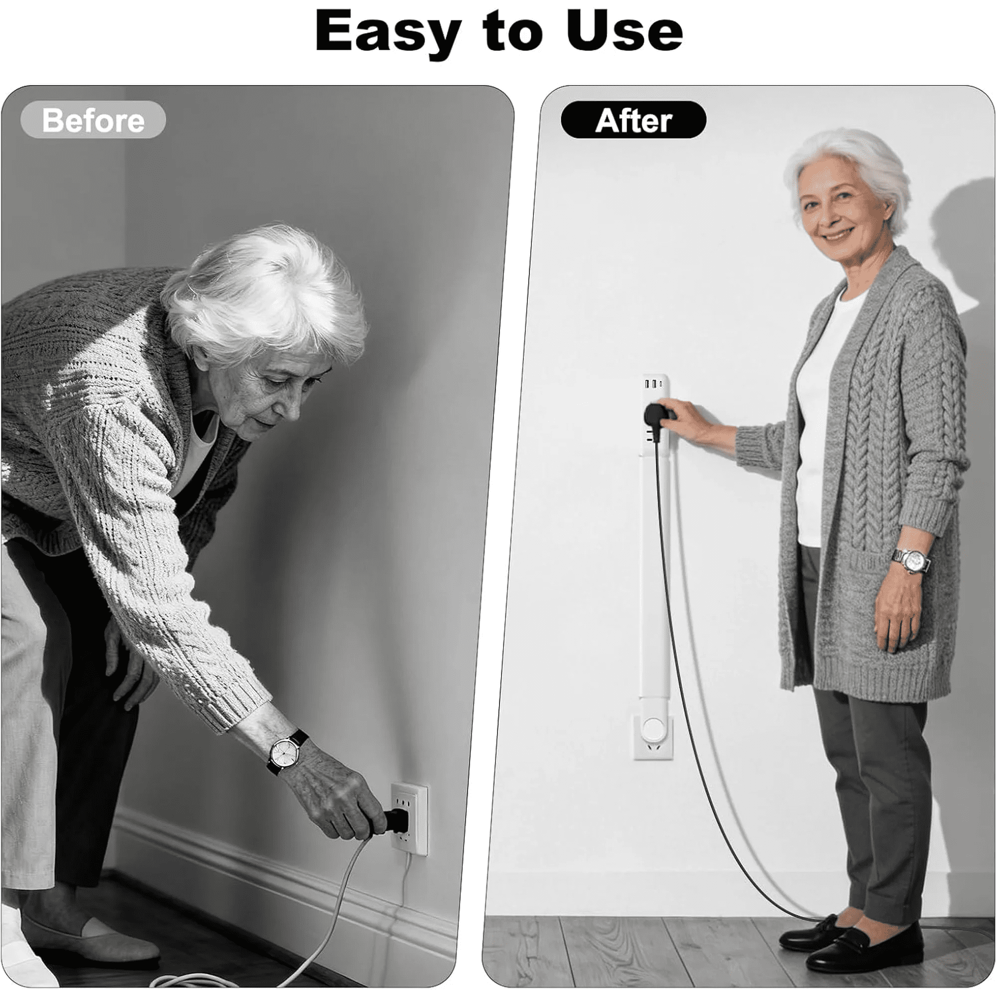 Telescopic Electrical Outlet Extender, 22"-34" Extension, 180° Swivel, 2 AC Outlets & 3 USB (1C/2A) for Hard-to-Reach Outlets