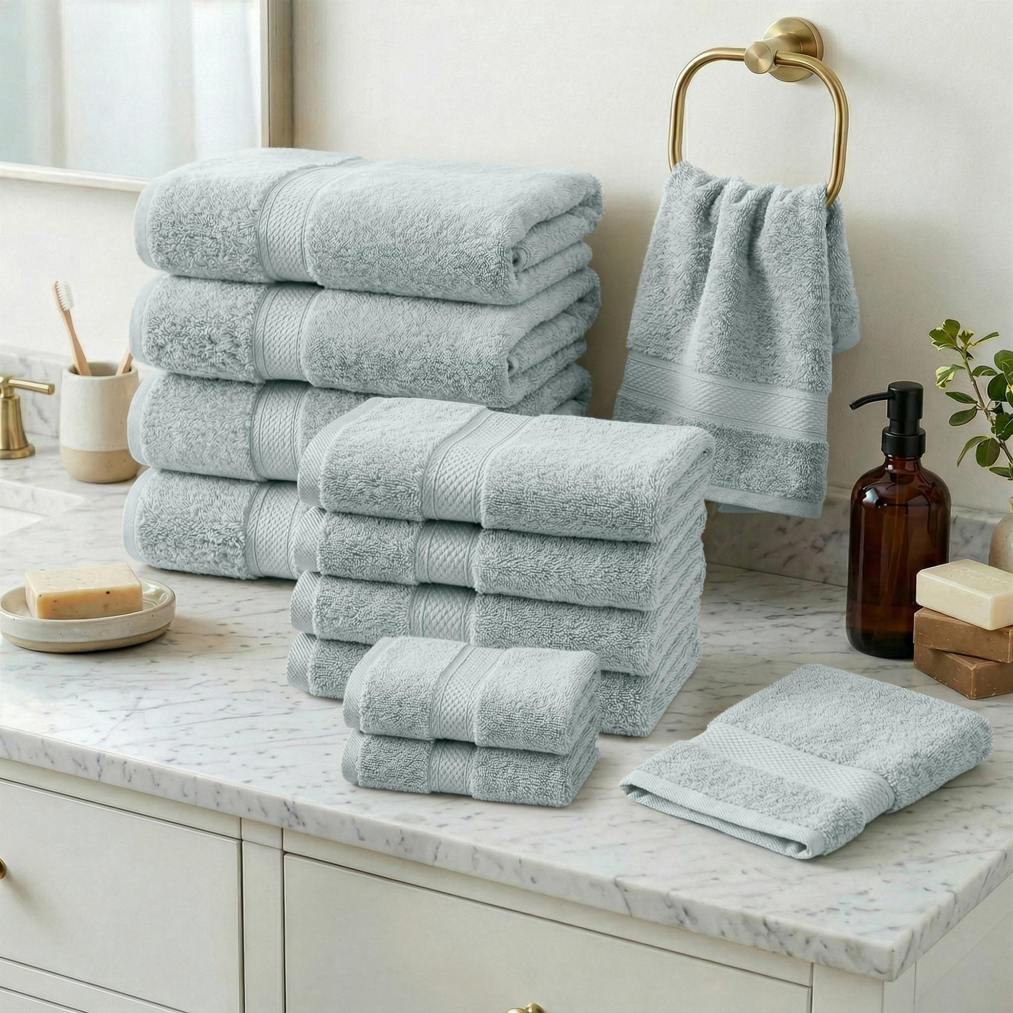 Superior Madeline Egyptian Cotton Ultra-Plush 12-Piece Towel Set, Sea Foam