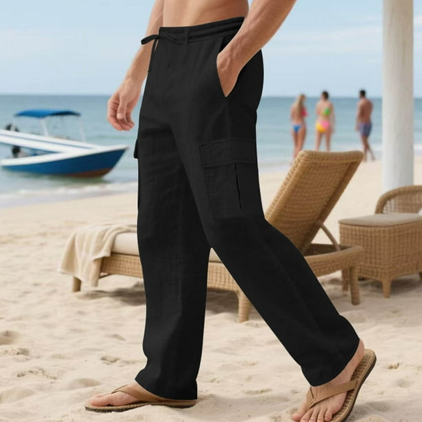 Ceisia Men's Spring Summer Solid Color Gift Workwear Pants - Straight Leg Button Waist Pocket Elastic Waist Casual Pants
